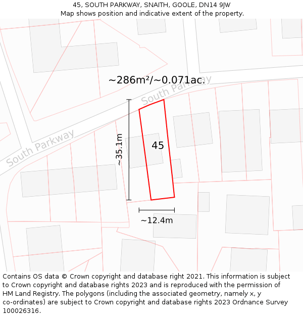 45, SOUTH PARKWAY, SNAITH, GOOLE, DN14 9JW: Plot and title map