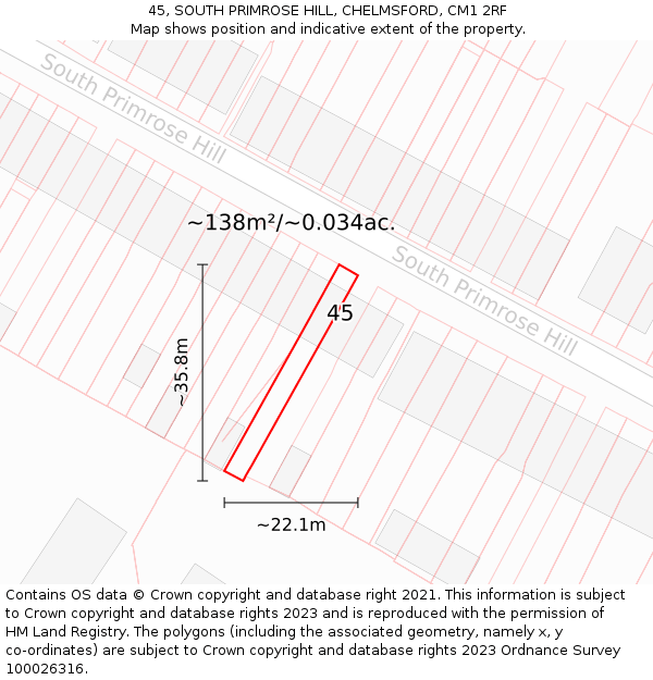 45, SOUTH PRIMROSE HILL, CHELMSFORD, CM1 2RF: Plot and title map