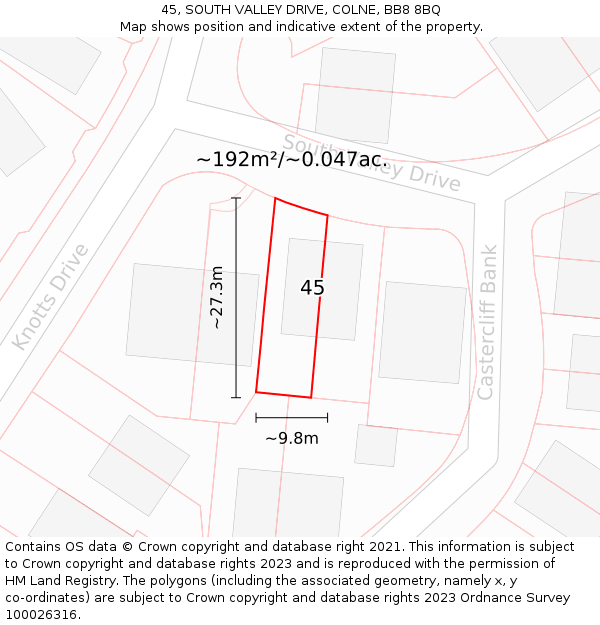 45, SOUTH VALLEY DRIVE, COLNE, BB8 8BQ: Plot and title map