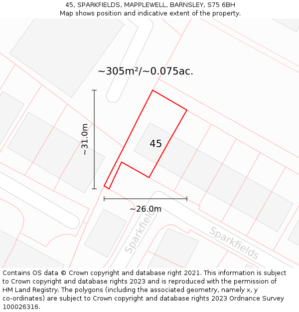 45, SPARKFIELDS, MAPPLEWELL, BARNSLEY, S75 6BH: Plot and title map