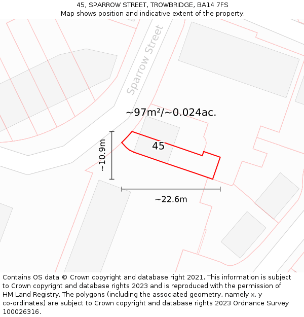 45, SPARROW STREET, TROWBRIDGE, BA14 7FS: Plot and title map