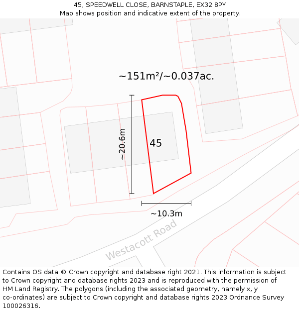 45, SPEEDWELL CLOSE, BARNSTAPLE, EX32 8PY: Plot and title map