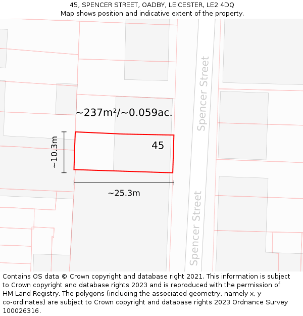 45, SPENCER STREET, OADBY, LEICESTER, LE2 4DQ: Plot and title map