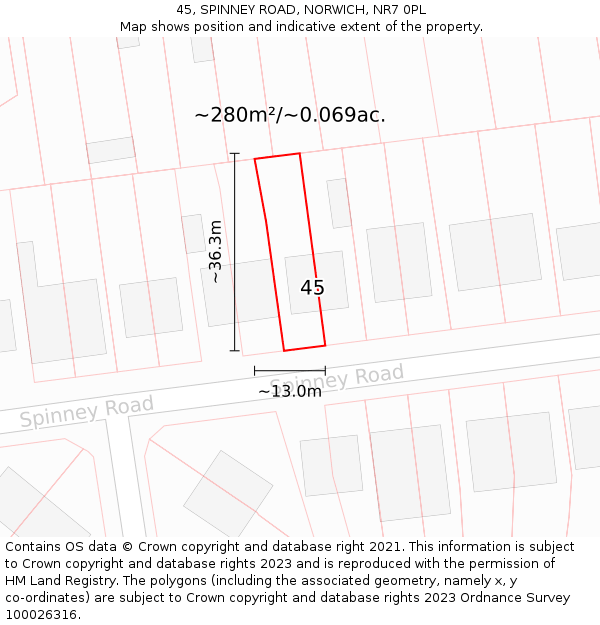 45, SPINNEY ROAD, NORWICH, NR7 0PL: Plot and title map