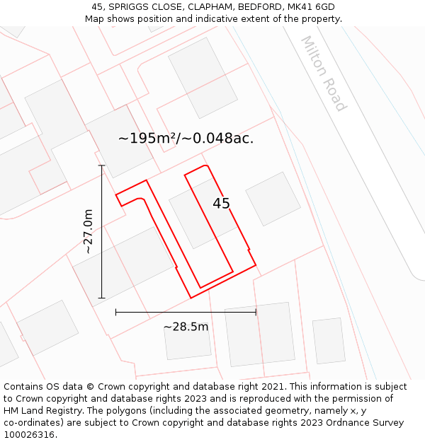 45, SPRIGGS CLOSE, CLAPHAM, BEDFORD, MK41 6GD: Plot and title map