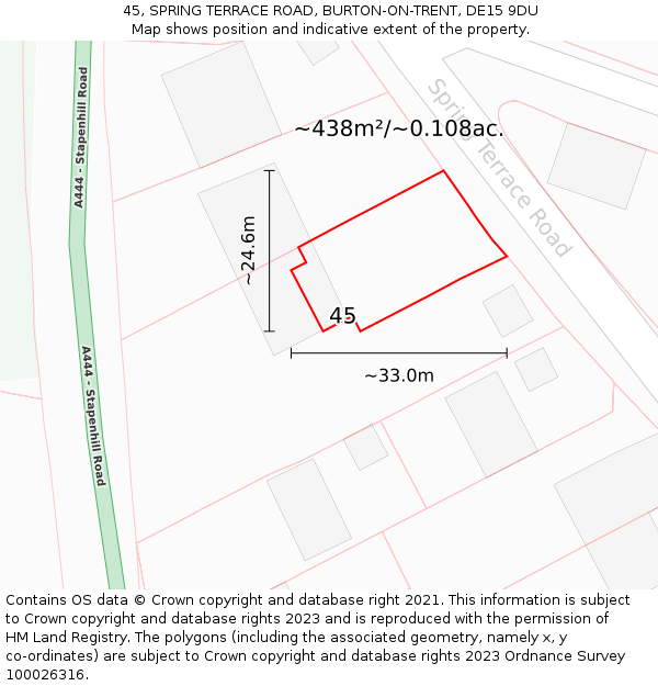 45, SPRING TERRACE ROAD, BURTON-ON-TRENT, DE15 9DU: Plot and title map