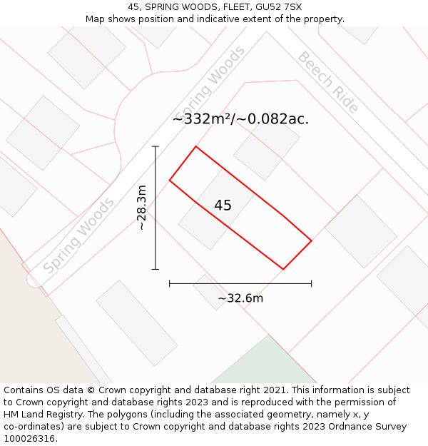 45, SPRING WOODS, FLEET, GU52 7SX: Plot and title map