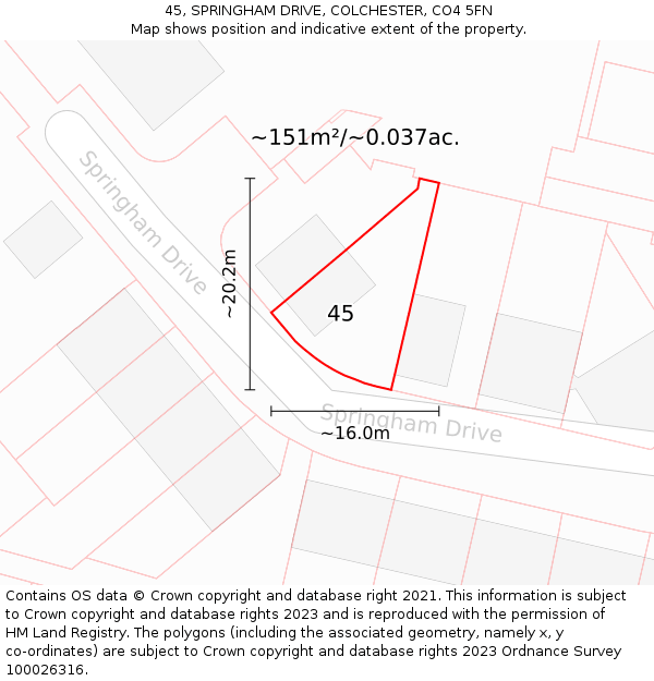 45, SPRINGHAM DRIVE, COLCHESTER, CO4 5FN: Plot and title map