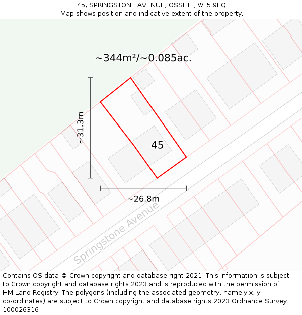 45, SPRINGSTONE AVENUE, OSSETT, WF5 9EQ: Plot and title map