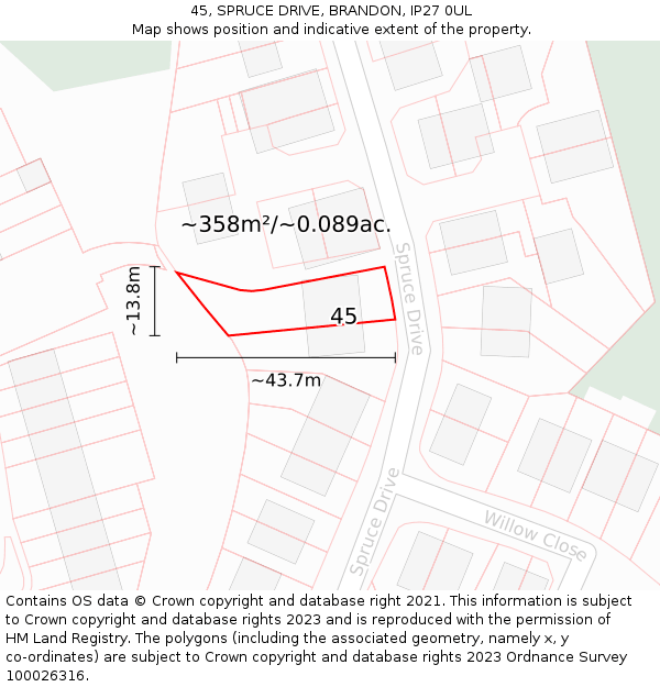 45, SPRUCE DRIVE, BRANDON, IP27 0UL: Plot and title map