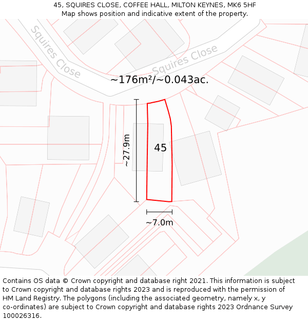 45, SQUIRES CLOSE, COFFEE HALL, MILTON KEYNES, MK6 5HF: Plot and title map