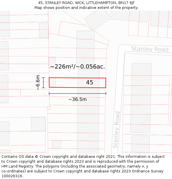45, STANLEY ROAD, WICK, LITTLEHAMPTON, BN17 6JF: Plot and title map