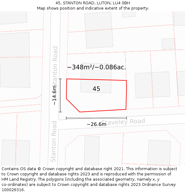 45, STANTON ROAD, LUTON, LU4 0BH: Plot and title map