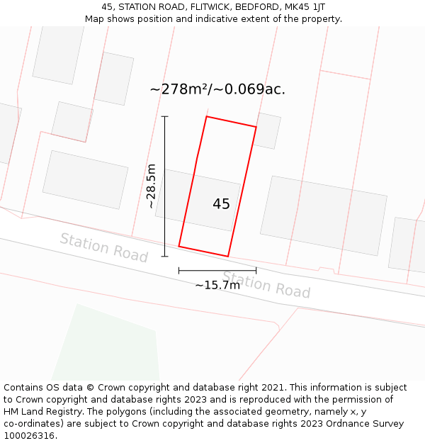 45, STATION ROAD, FLITWICK, BEDFORD, MK45 1JT: Plot and title map