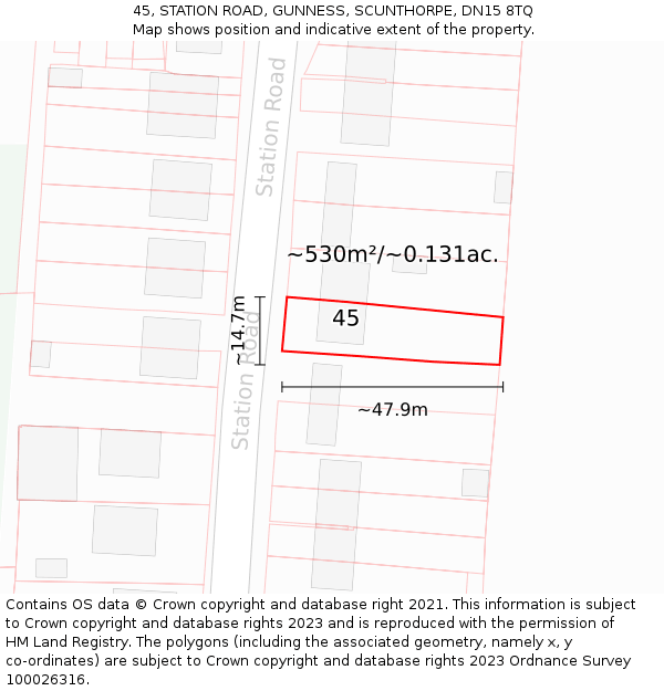 45, STATION ROAD, GUNNESS, SCUNTHORPE, DN15 8TQ: Plot and title map