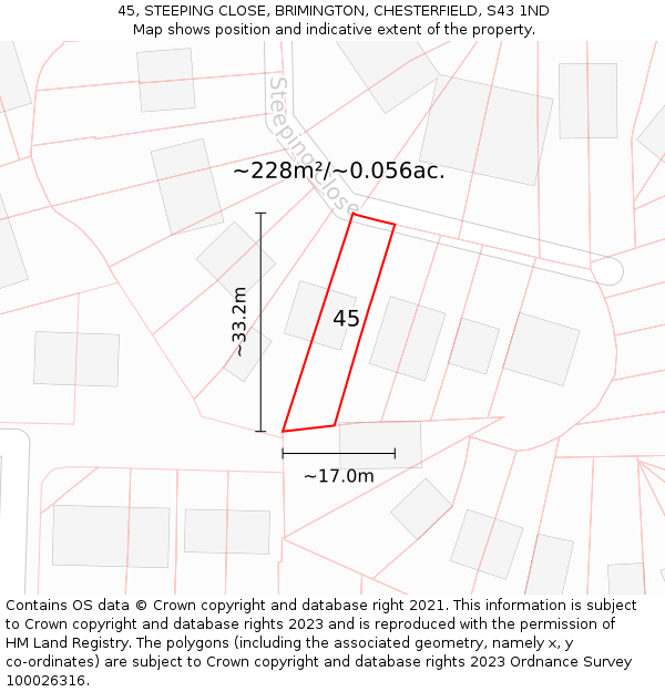 45, STEEPING CLOSE, BRIMINGTON, CHESTERFIELD, S43 1ND: Plot and title map