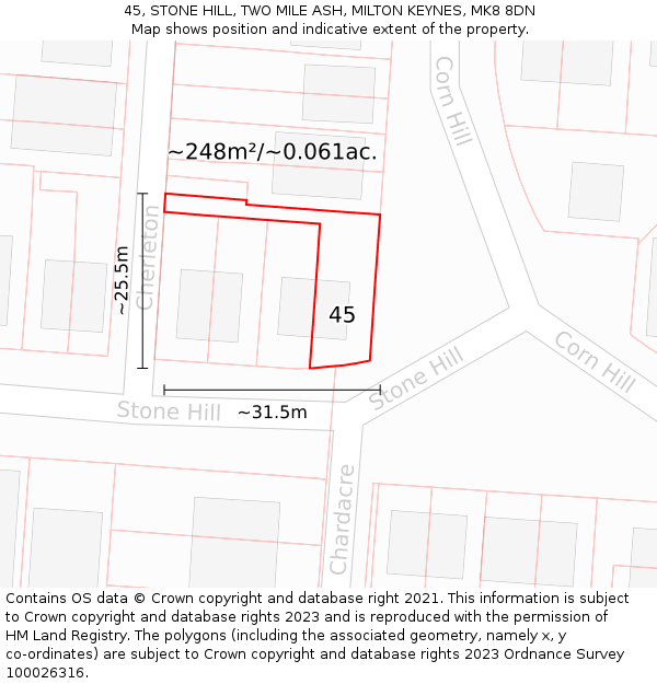 45, STONE HILL, TWO MILE ASH, MILTON KEYNES, MK8 8DN: Plot and title map