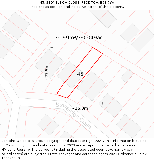 45, STONELEIGH CLOSE, REDDITCH, B98 7YW: Plot and title map
