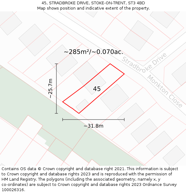 45, STRADBROKE DRIVE, STOKE-ON-TRENT, ST3 4BD: Plot and title map