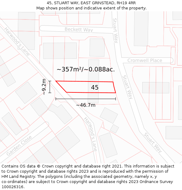 45, STUART WAY, EAST GRINSTEAD, RH19 4RR: Plot and title map