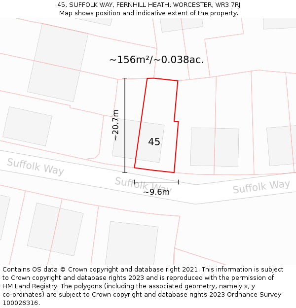 45, SUFFOLK WAY, FERNHILL HEATH, WORCESTER, WR3 7RJ: Plot and title map
