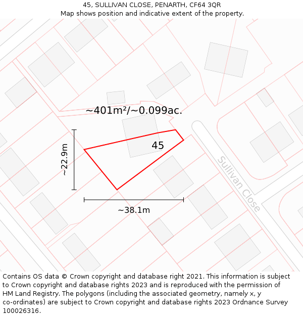 45, SULLIVAN CLOSE, PENARTH, CF64 3QR: Plot and title map