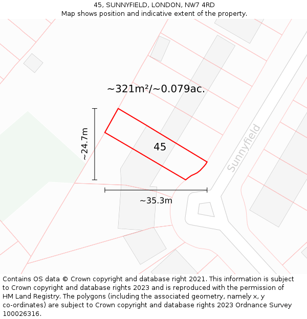 45, SUNNYFIELD, LONDON, NW7 4RD: Plot and title map