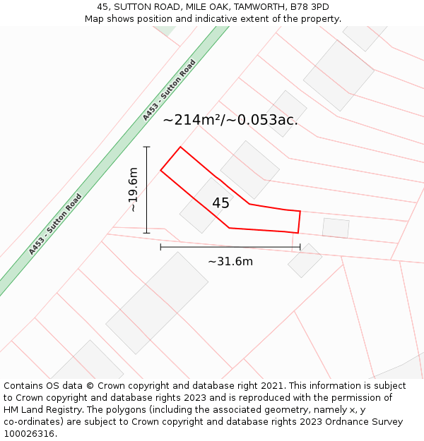45, SUTTON ROAD, MILE OAK, TAMWORTH, B78 3PD: Plot and title map