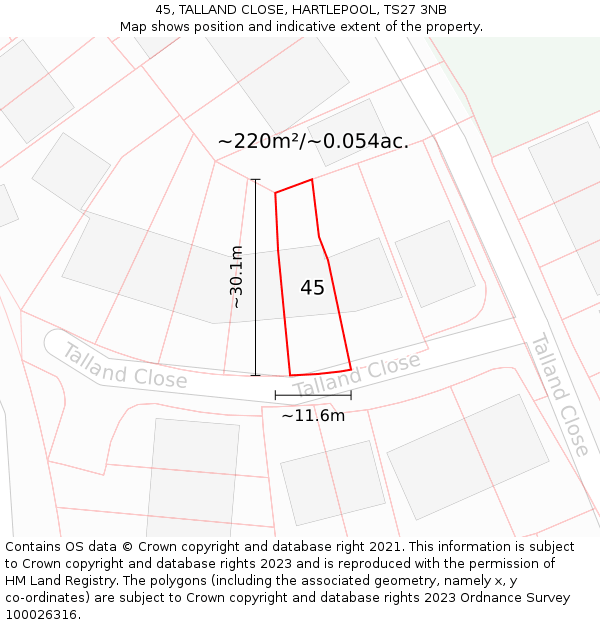 45, TALLAND CLOSE, HARTLEPOOL, TS27 3NB: Plot and title map