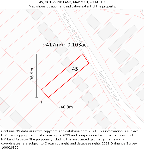 45, TANHOUSE LANE, MALVERN, WR14 1UB: Plot and title map