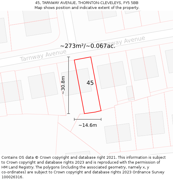 45, TARNWAY AVENUE, THORNTON-CLEVELEYS, FY5 5BB: Plot and title map