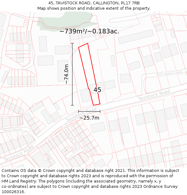 45, TAVISTOCK ROAD, CALLINGTON, PL17 7RB: Plot and title map