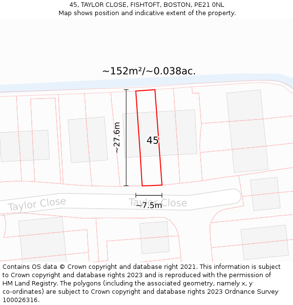 45, TAYLOR CLOSE, FISHTOFT, BOSTON, PE21 0NL: Plot and title map