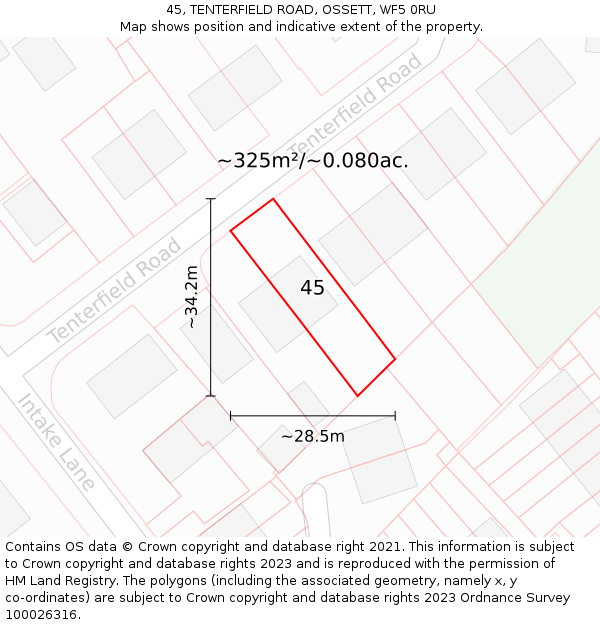 45, TENTERFIELD ROAD, OSSETT, WF5 0RU: Plot and title map