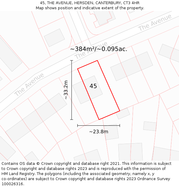 45, THE AVENUE, HERSDEN, CANTERBURY, CT3 4HR: Plot and title map