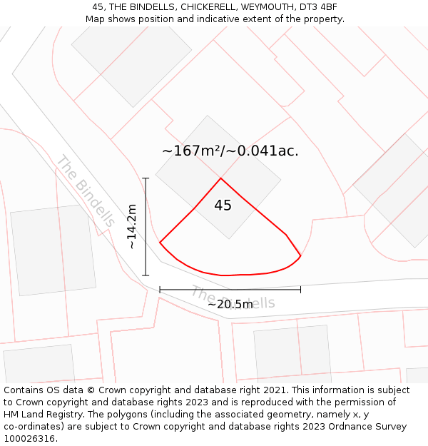 45, THE BINDELLS, CHICKERELL, WEYMOUTH, DT3 4BF: Plot and title map