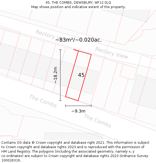45, THE COMBS, DEWSBURY, WF12 0LQ: Plot and title map