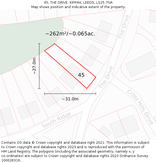 45, THE DRIVE, KIPPAX, LEEDS, LS25 7NA: Plot and title map