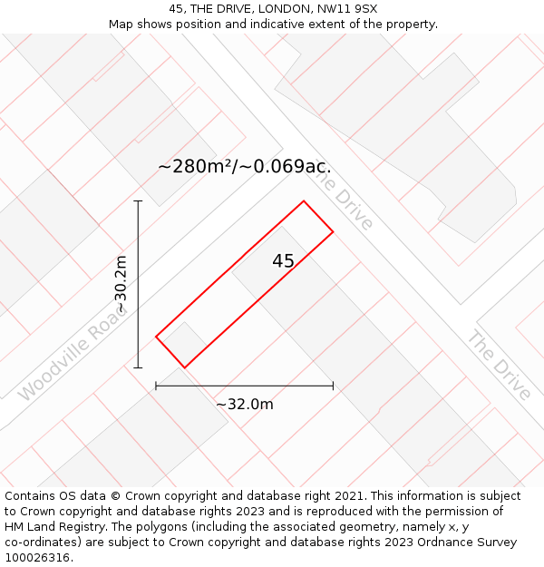 45, THE DRIVE, LONDON, NW11 9SX: Plot and title map