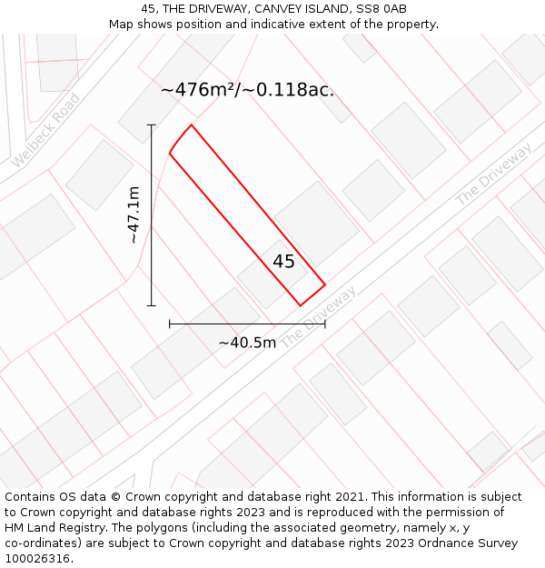 45, THE DRIVEWAY, CANVEY ISLAND, SS8 0AB: Plot and title map