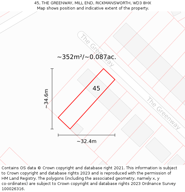 45, THE GREENWAY, MILL END, RICKMANSWORTH, WD3 8HX: Plot and title map