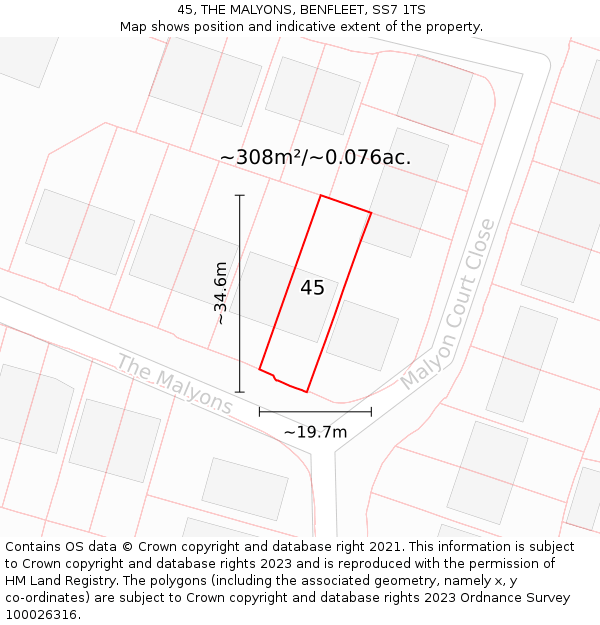 45, THE MALYONS, BENFLEET, SS7 1TS: Plot and title map