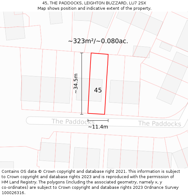 45, THE PADDOCKS, LEIGHTON BUZZARD, LU7 2SX: Plot and title map