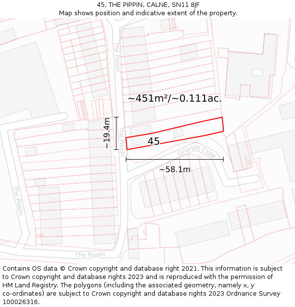 45, THE PIPPIN, CALNE, SN11 8JF: Plot and title map