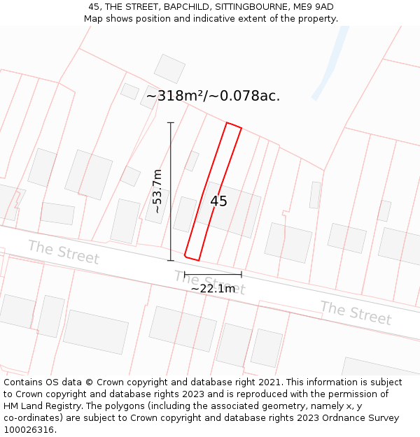 45, THE STREET, BAPCHILD, SITTINGBOURNE, ME9 9AD: Plot and title map