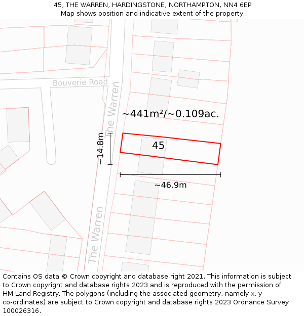 45, THE WARREN, HARDINGSTONE, NORTHAMPTON, NN4 6EP: Plot and title map