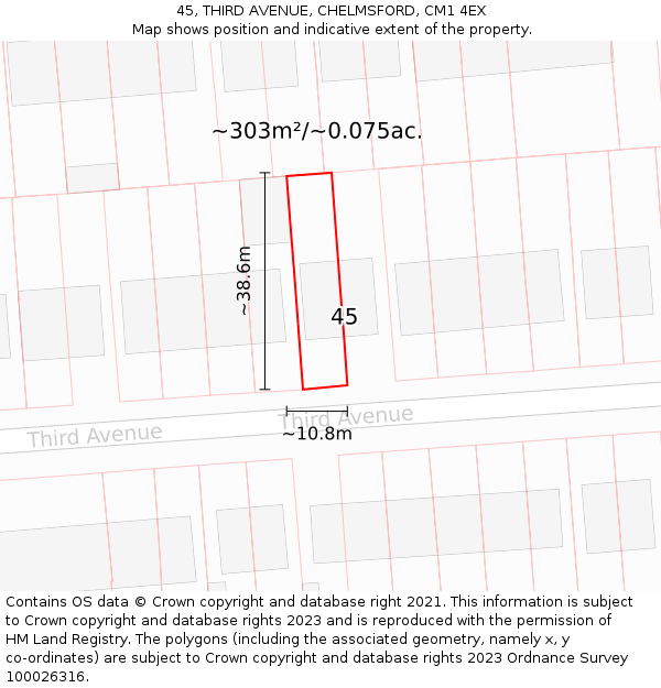 45, THIRD AVENUE, CHELMSFORD, CM1 4EX: Plot and title map