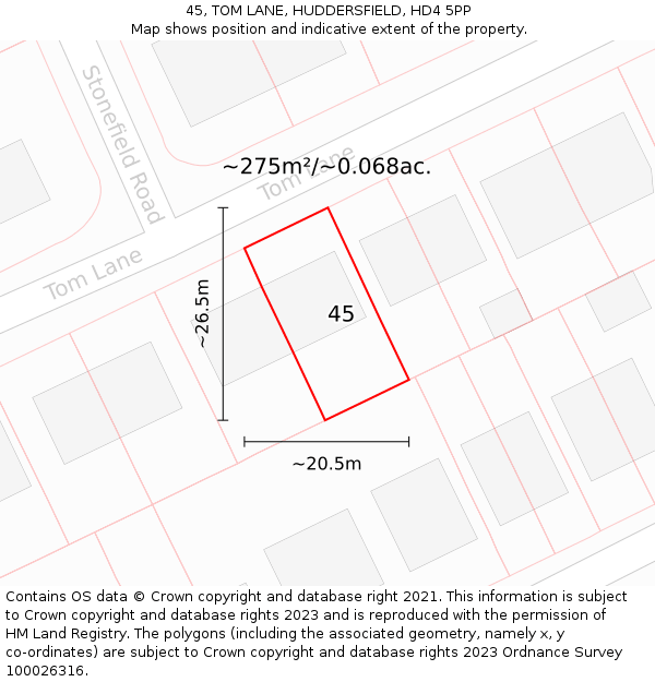 45, TOM LANE, HUDDERSFIELD, HD4 5PP: Plot and title map
