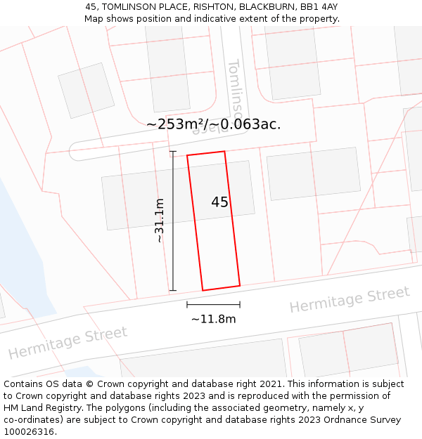 45, TOMLINSON PLACE, RISHTON, BLACKBURN, BB1 4AY: Plot and title map