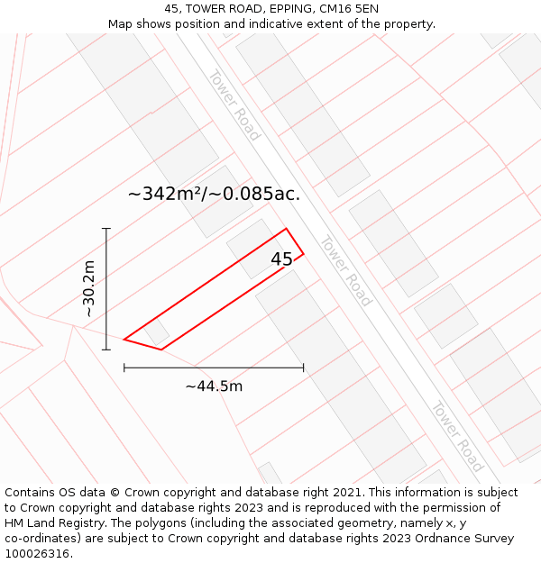 45, TOWER ROAD, EPPING, CM16 5EN: Plot and title map